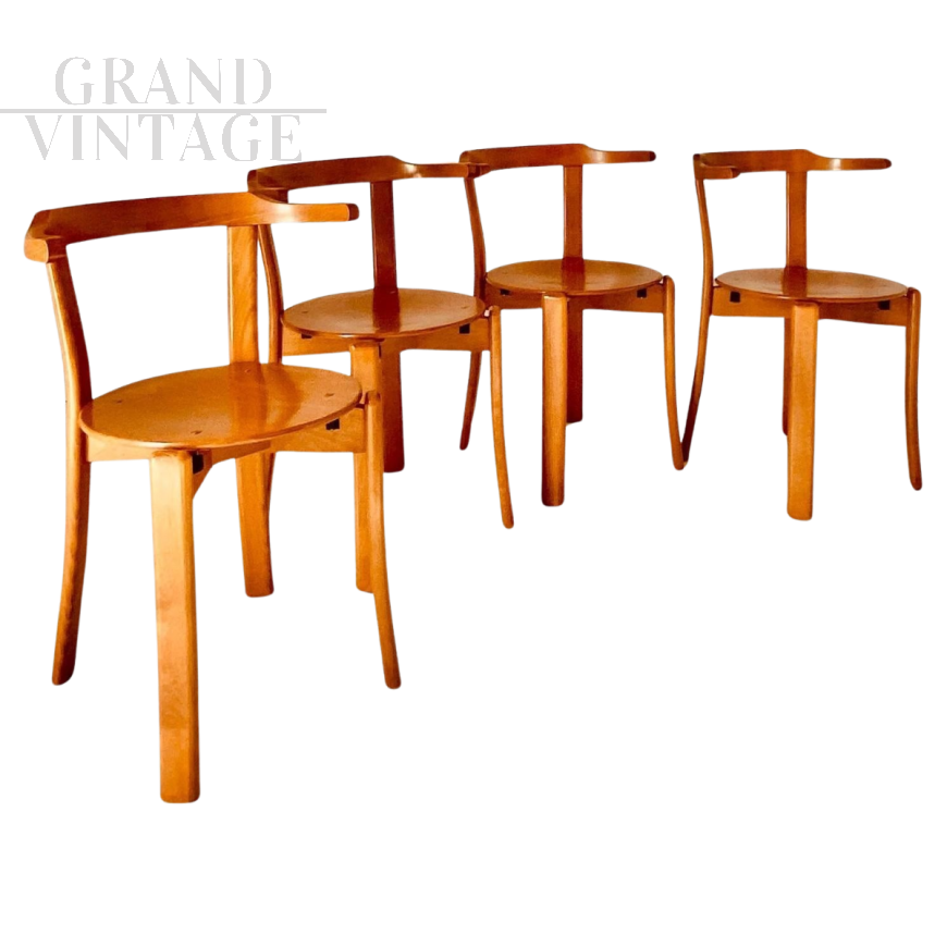 Set di 4 sedie in stile Bruno Rey in faggio massello, Italia anni '70                            