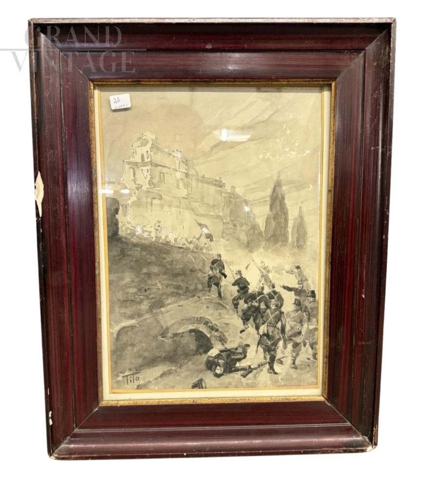 Acquarello con assedio di Villa Vascello a Roma, Tito Ettore, XIX secolo                            