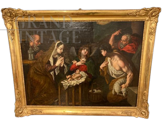 Adorazione dei Pastori - antico dipinto del XVII secolo di scuola Lombarda                            