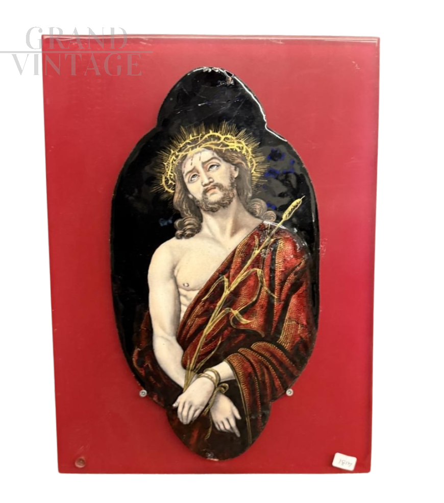 Antica placca in porcellana Limoges con Cristo dipinto a smalto, metà '800                            