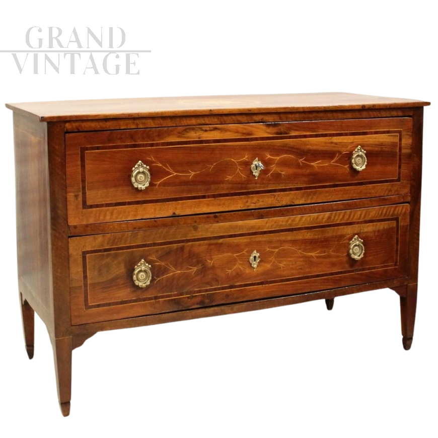 Antico cassettone comò Luigi XVI in noce intarsiato Rolo, Italia '700                            