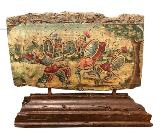 Antico frammento carretto siciliano dipinto con scena di battaglia, XIX secolo                            