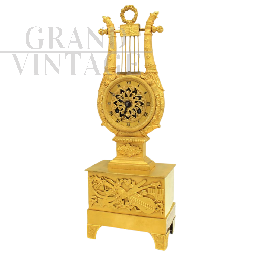 Antico orologio parigina a Lira Impero in bronzo dorato '800                            