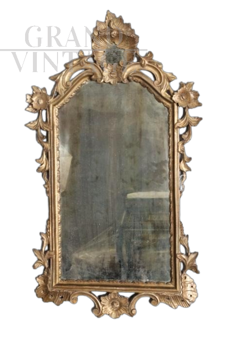 Antico specchio Luigi Filippo di metà '800 intagliato con foglia d'oro                            
