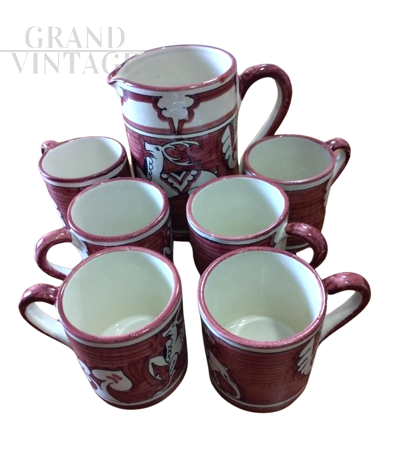 Brocca con 6 bicchieri vintage di Ceramiche L.Ar.Ce Orvieto                            