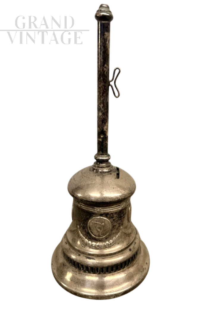 Campanella salvadanaio vintage in metallo argentato, XX secolo                            
