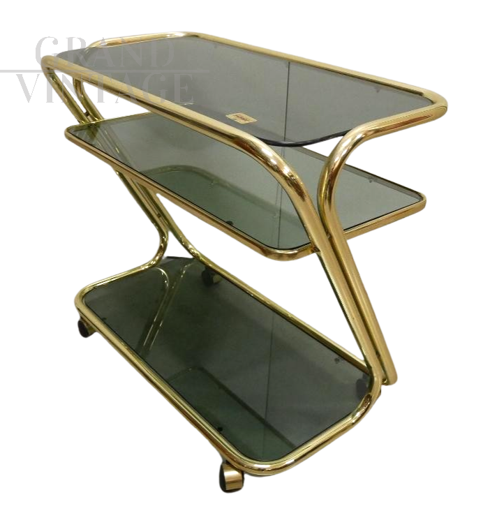 Carrello portavivande Morex in ottone e vetro fumé, anni '70                            