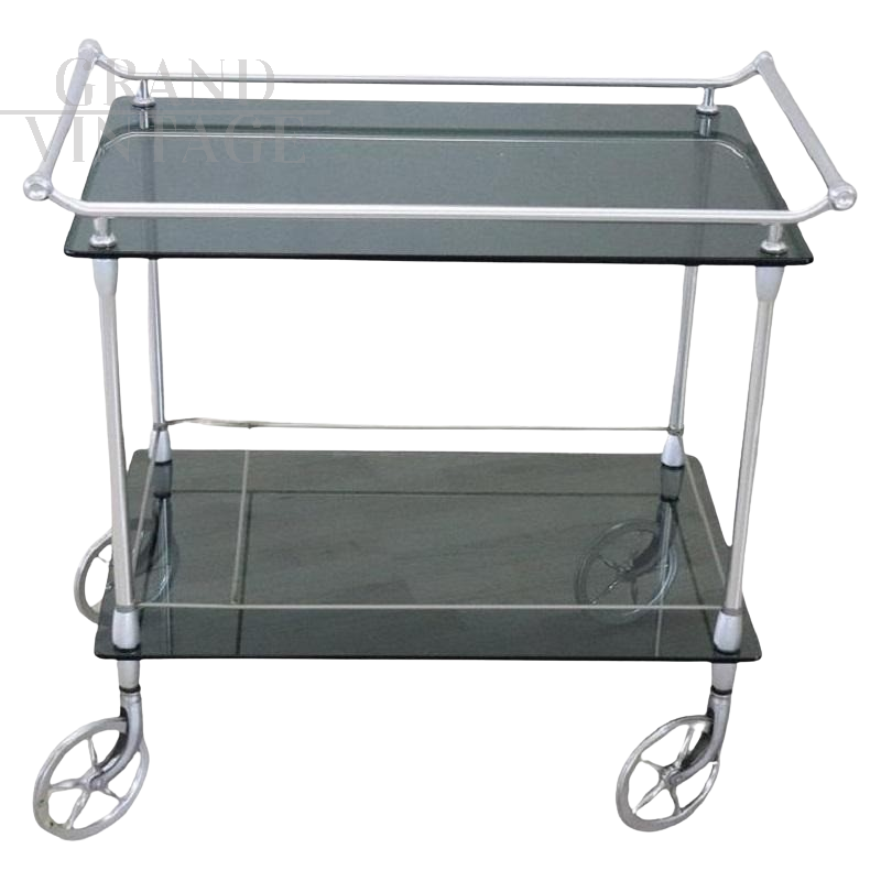 Carrello portavivande vintage cromato con vetri fumé, anni '80                            