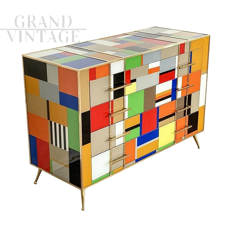 Cassettiera comò vintage rivestita in vetro di Murano multicolore, anni '80                            