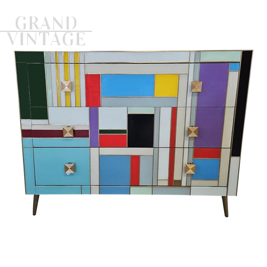 Cassettiera design stile vintage in vetro colorato                            