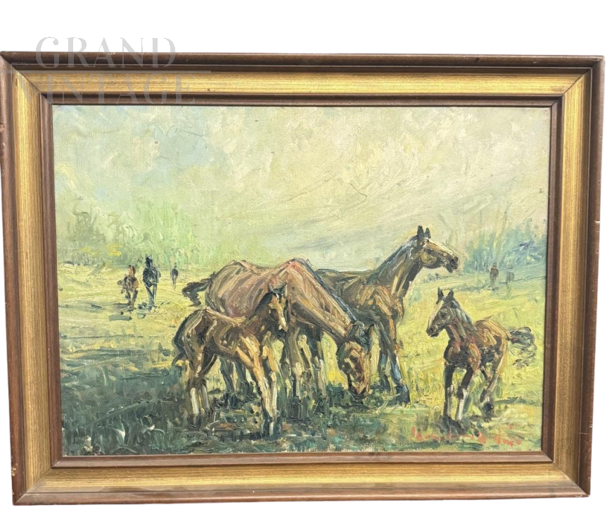 Cavalli al pascolo - dipinto antico olio su tela del 1900                            