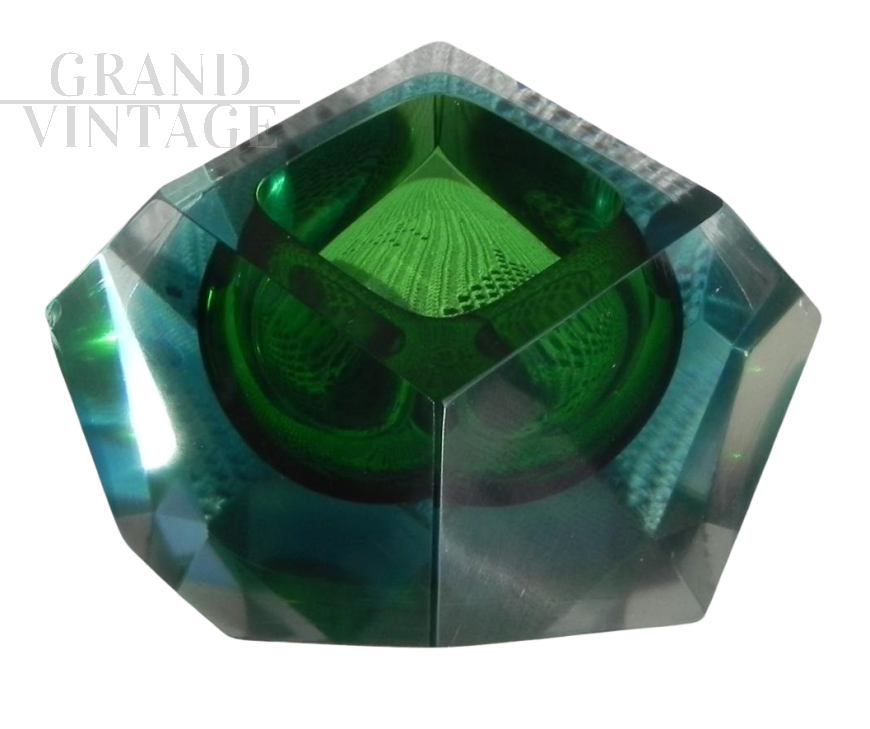 Ciotola posacenere Seguso in vetro di Murano verde sfaccettato, anni '70                            