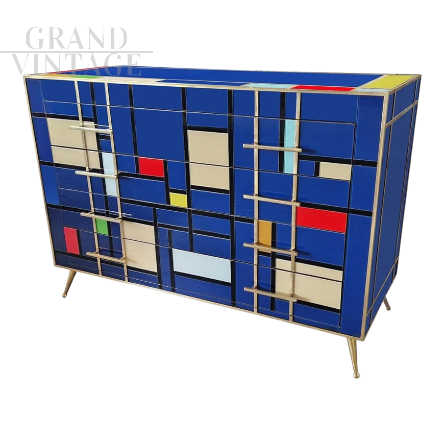 Comò a quattro cassetti in vetro di Murano blu                            