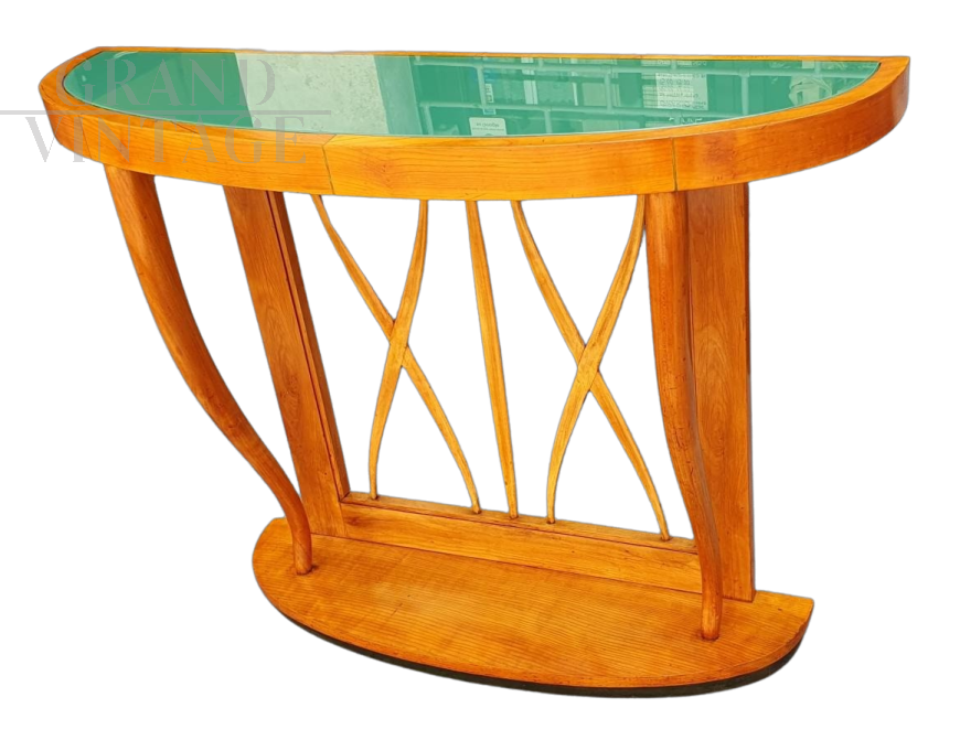 Console design Paolo Buffa con piano in vetro verde, anni '50                            