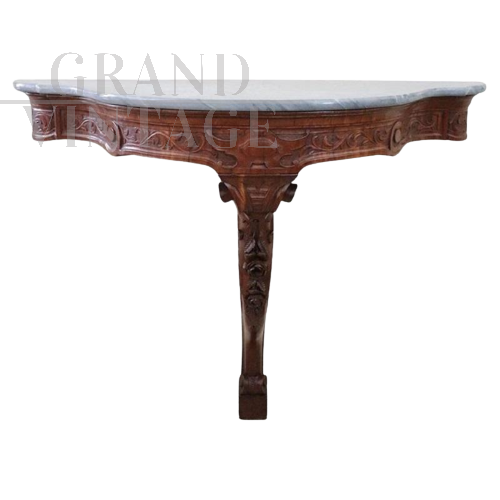 Consolle antica in mogano intagliato con piano in marmo, metà '800