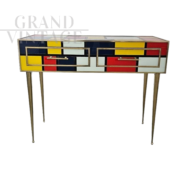Consolle in vetro colorato e ottone con due cassetti                            