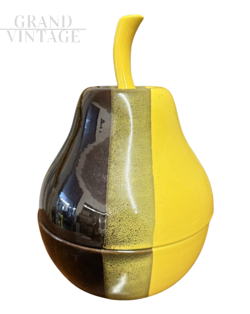 Contenitore vintage in ceramica gialla a forma di pera, anni '70                            