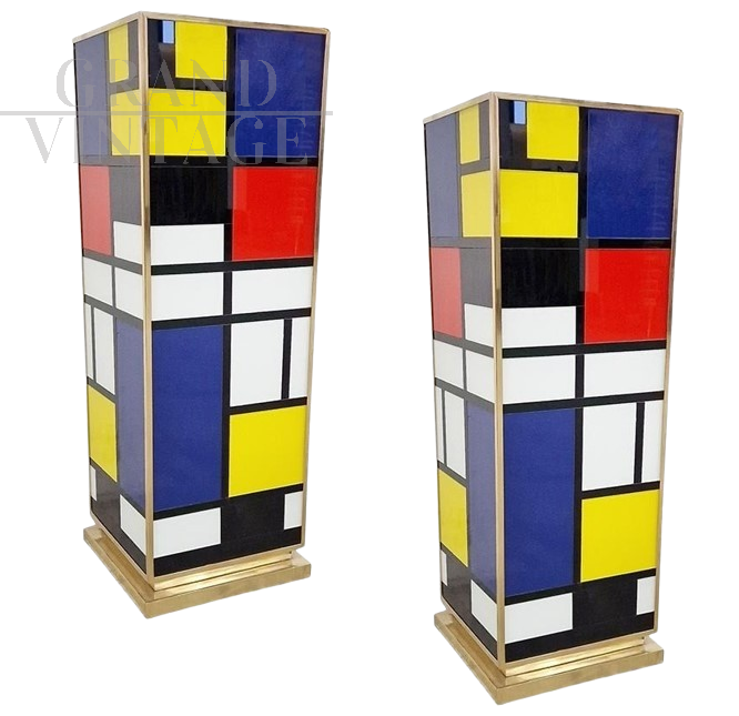 Coppia di colonne design in vetro stile Mondrian                            