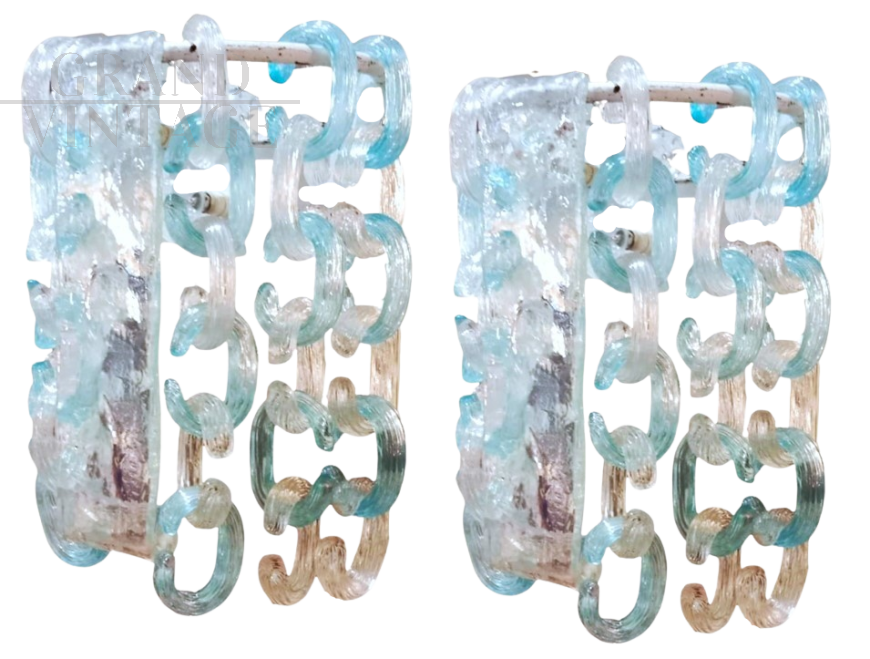 Coppia di appliques dei fratelli Toso in vetro di Murano a riccioli azzurri                            