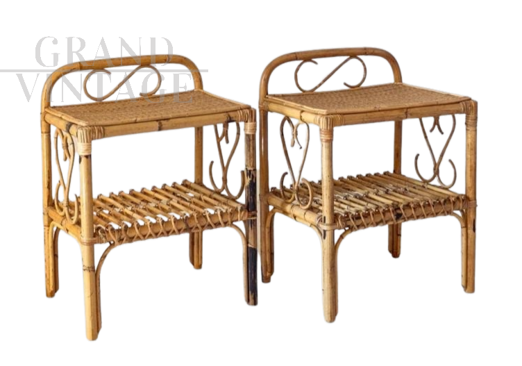 Coppia di comodini in bambù e rattan degli anni '60, manifattura italiana