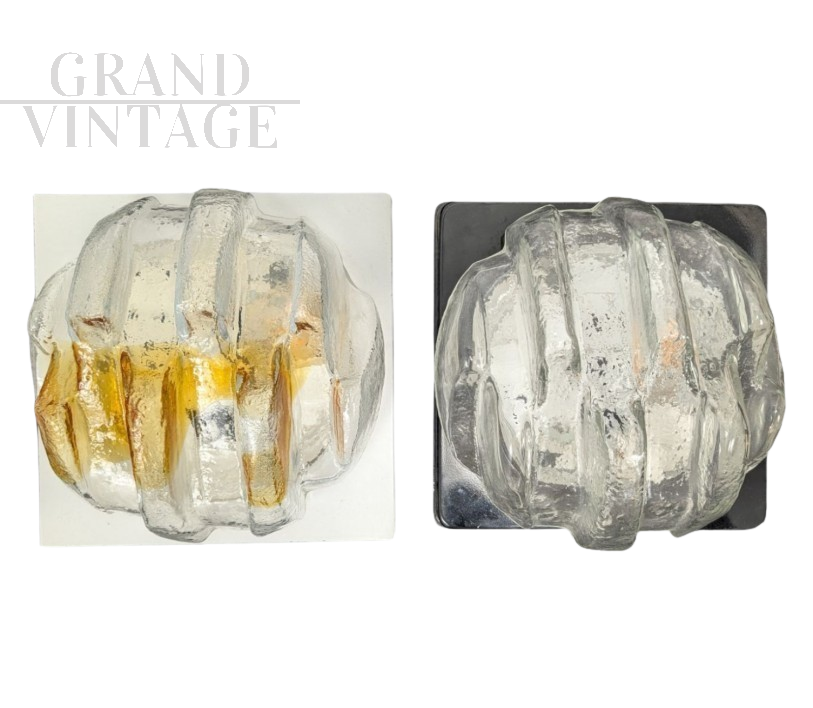 Coppia di lampade da parete in vetro di Murano trasparente e ambrato, anni '70                            