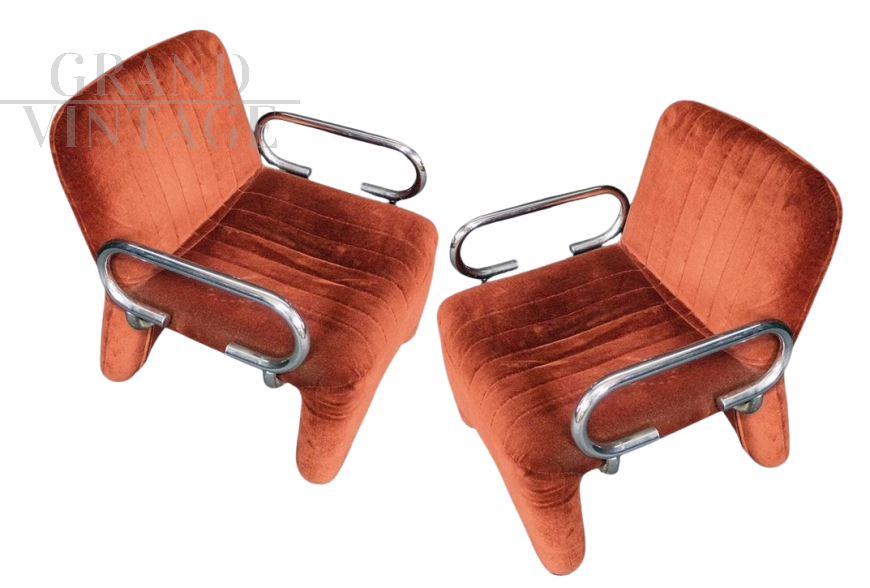 Coppia di poltroncine modernariato in velluto color mattone, anni '60                            