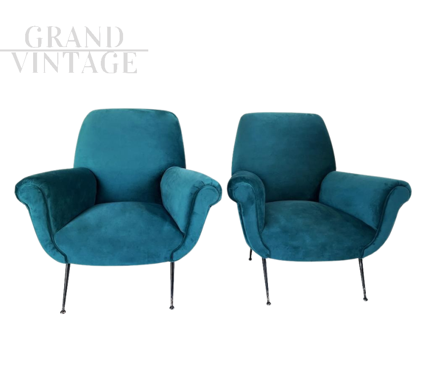 Coppia di poltrone anni '50 blu petrolio in stile Gigi Radice                            