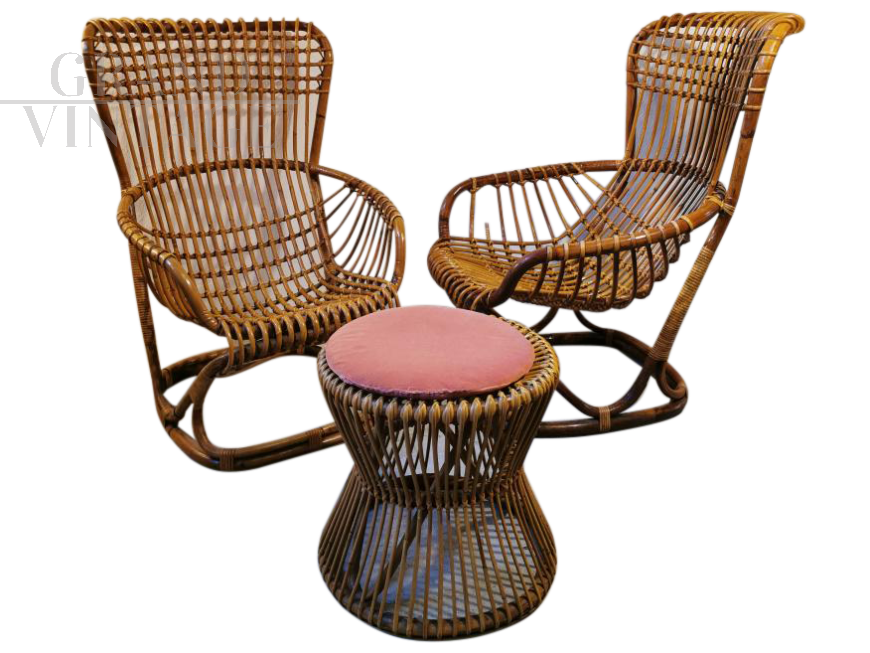 Coppia di poltrone Tito Agnoli in vimini con pouf, anni ’50