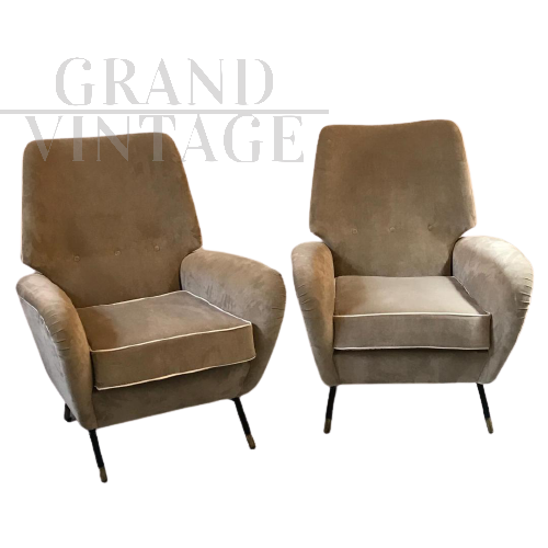 Coppia di poltrone vintage reclinabili in velluto color tortora