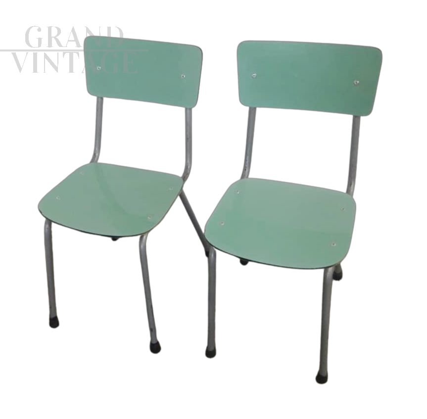Coppia di sedie scolastiche da bambino in formica verde, anni '70                            