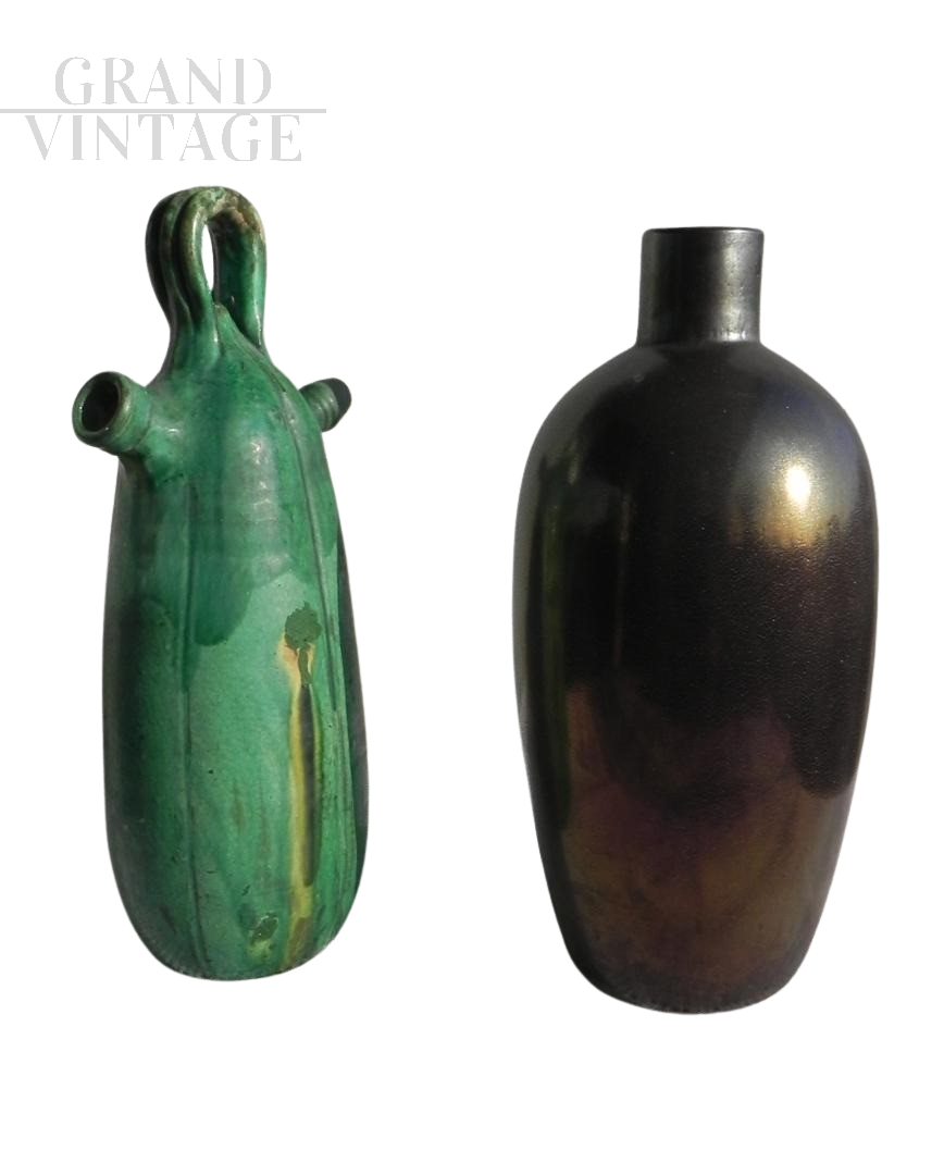 Coppia di vasi artistici in ceramica e vetro di Murano                            