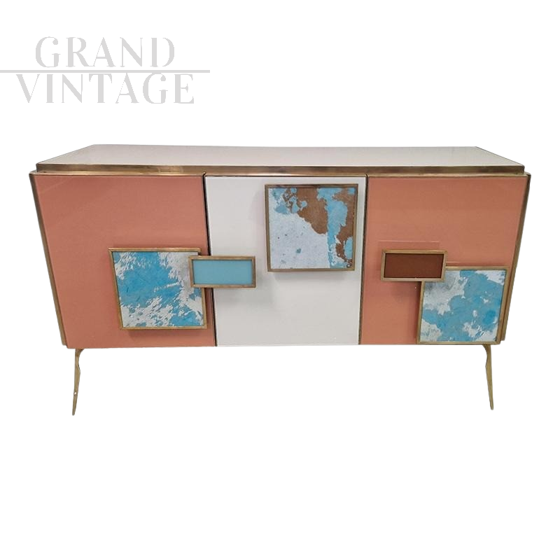 Credenza a tre ante in vetro artistico colorato                            