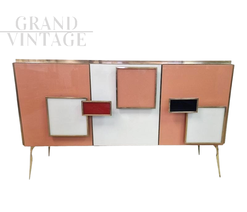 Credenza a tre ante in vetro bianco e rosa                            
