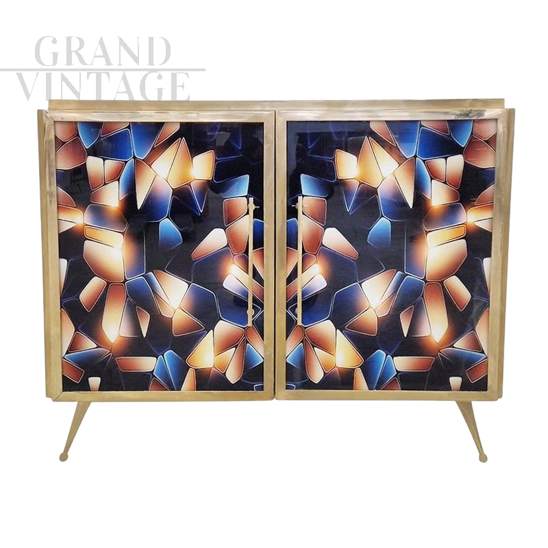 Credenza design in vetro colorato artistico con illuminazione                            