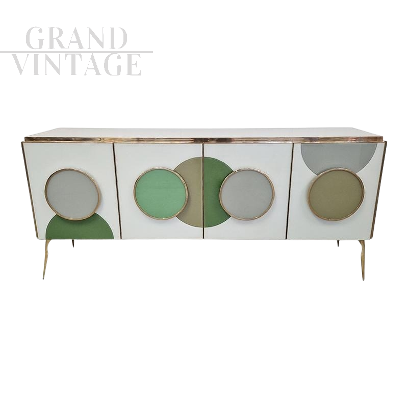 Credenza illuminata in vetro bianco con cerchi verdi