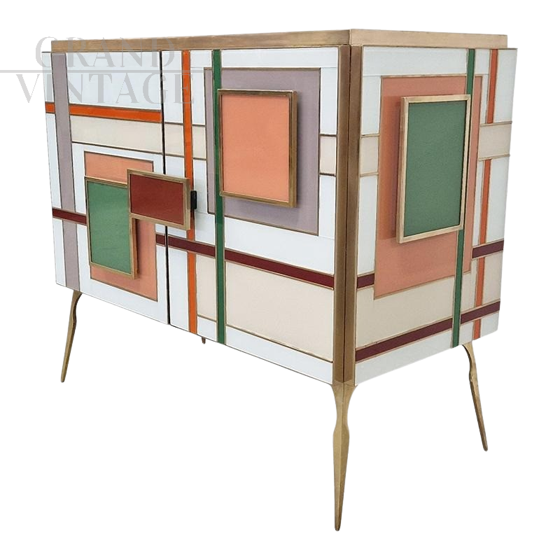 Credenza mobile bar design a due ante in vetro multicolore                            