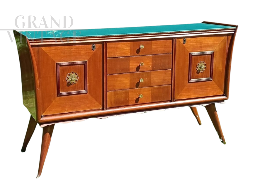 Credenza anni '50 con piano in vetro azzurro                            