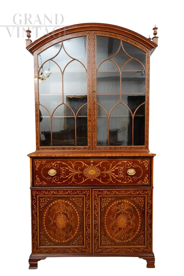 Credenza libreria inglese dei primi dell'800 in piuma di mogano ricchi intarsi