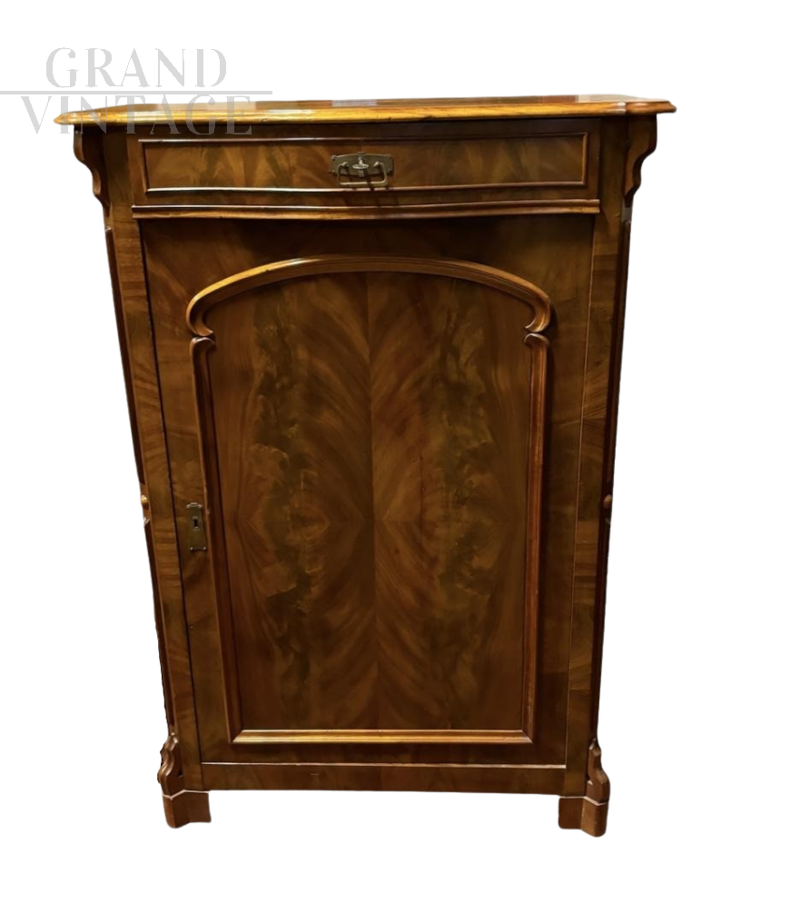 Credenzina antica Biedermeier in piuma di mogano                            