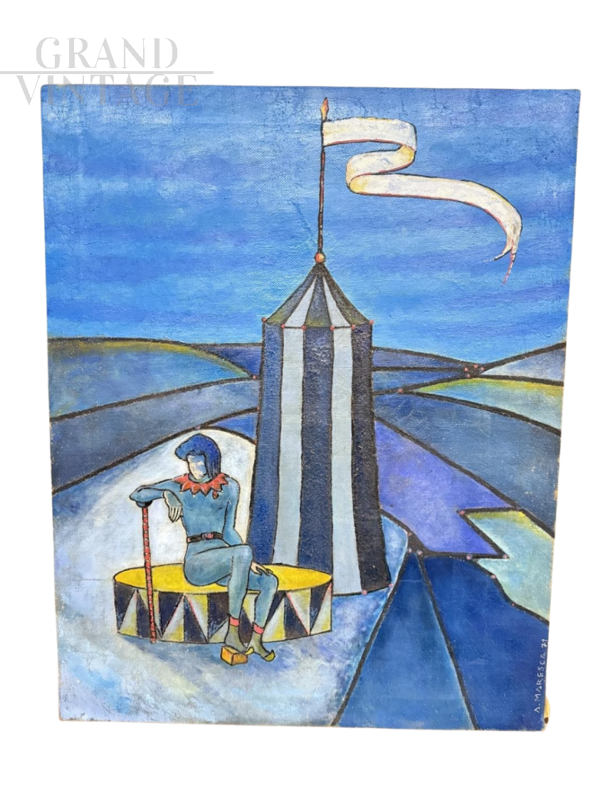 Dipinto a smalti policromi con figura circense firmato Maresca                            