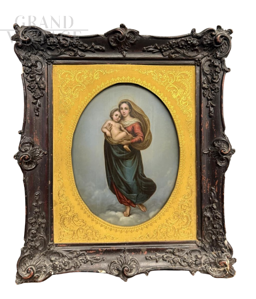 Dipinto antico con Madonna di San Sisto, olio su rame dell'800                            