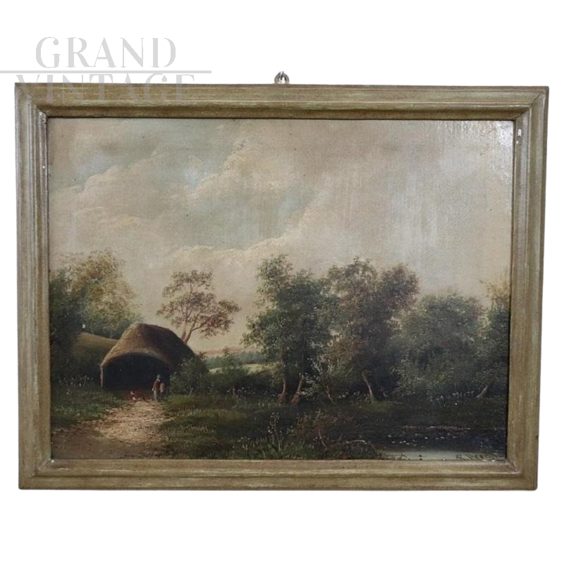 Dipinto antico di scuola inglese con paesaggio lacustre, XIX secolo