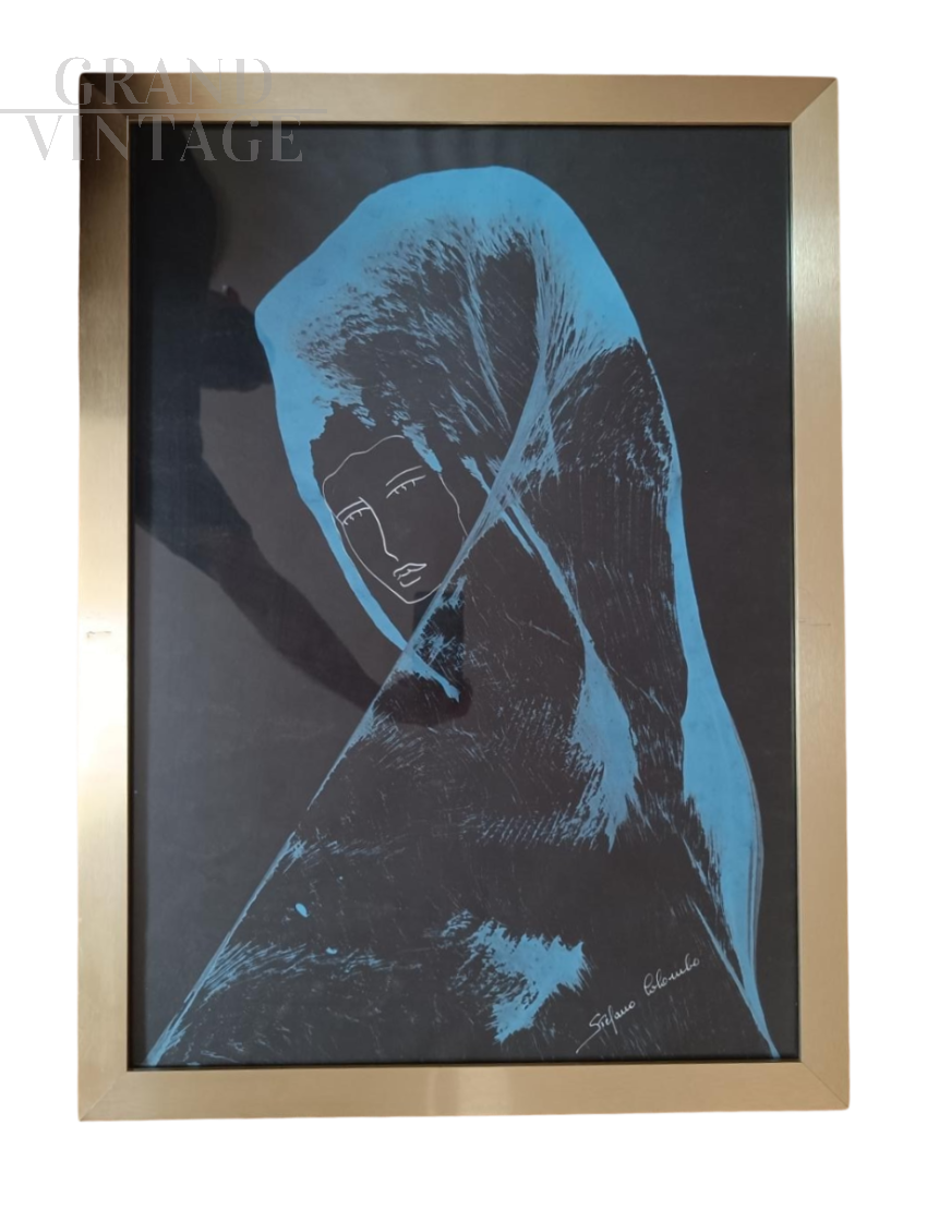 Dipinto di Stefano Colombo con ritratto di donna in blu                            