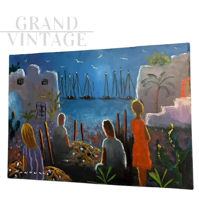 Eliano Fantuzzi - dipinto raffigurante porto notturno con personaggi                            