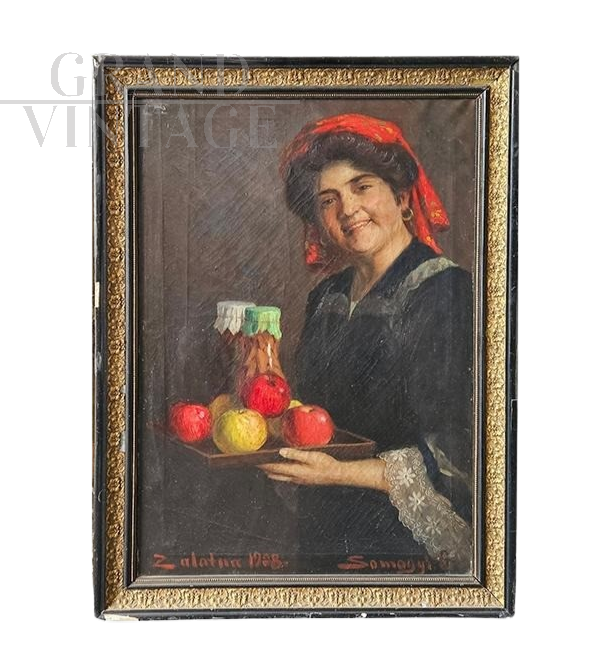 G. Somogyi - Dipinto di gitana con vassoio di frutta, XX secolo                            