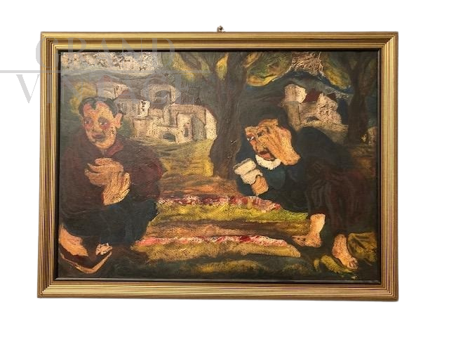 Giuseppe Serafini - Dipinto ad olio con frati, XX secolo             