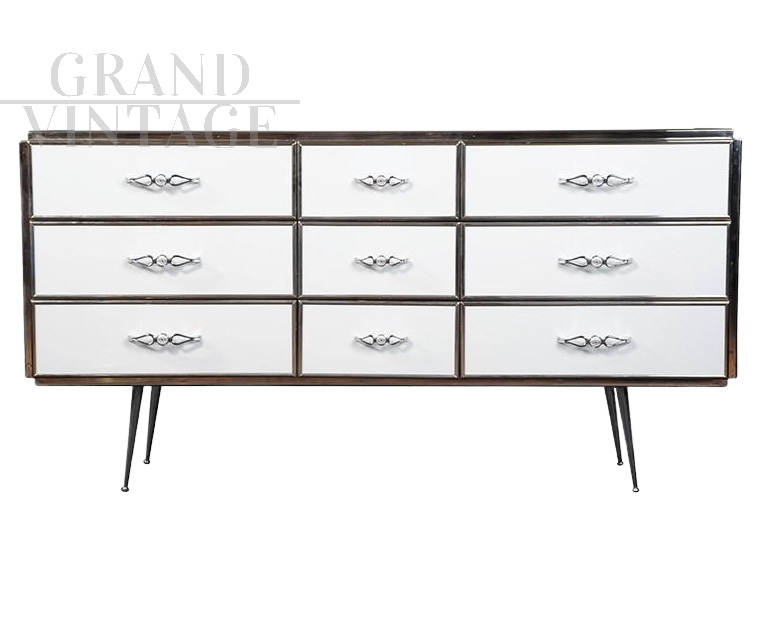 Grande comò in vetro bianco con 9 cassetti                            