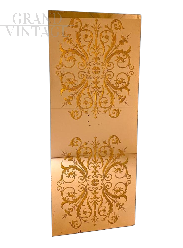 Grande specchio vintage fumé giallo con decorazioni floreali, anni '60                            