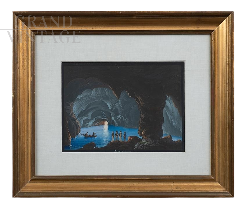 La Grotta Azzurra - Dipinto antico tempera su cartoncino gouache                            