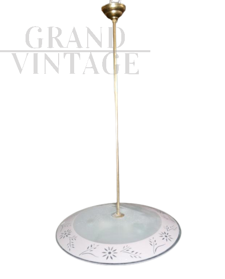 Lampada a sospensione anni '40-'50 in vetro decorato a fiori                            